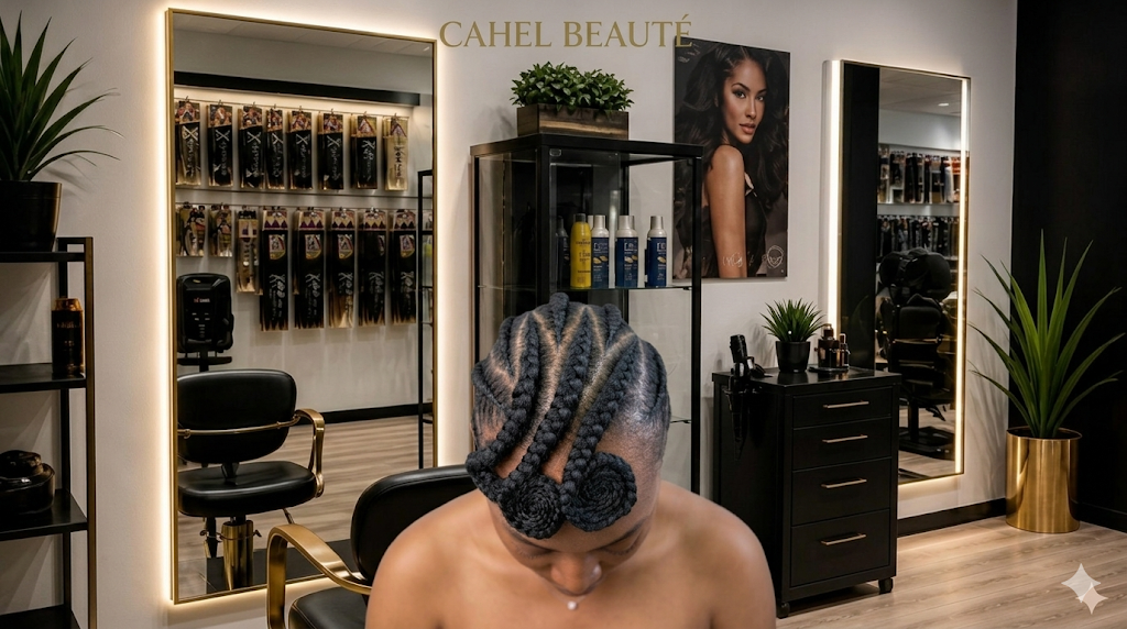 Salon Cahel Beauté — nattes et rosaces, miroirs et espace de travail
