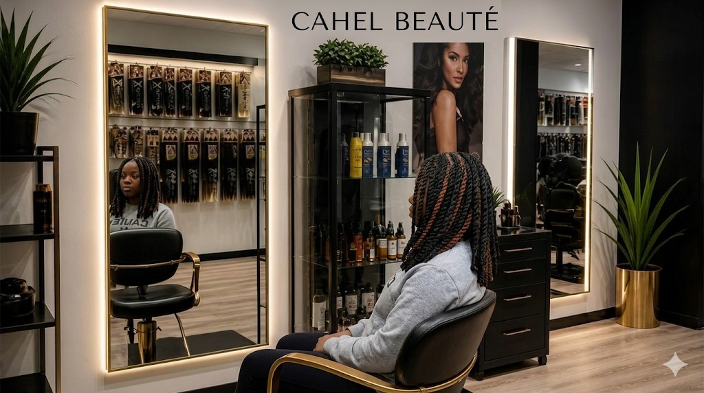 Salon Cahel Beauté — clientèle au poste coiffure, reflet au miroir